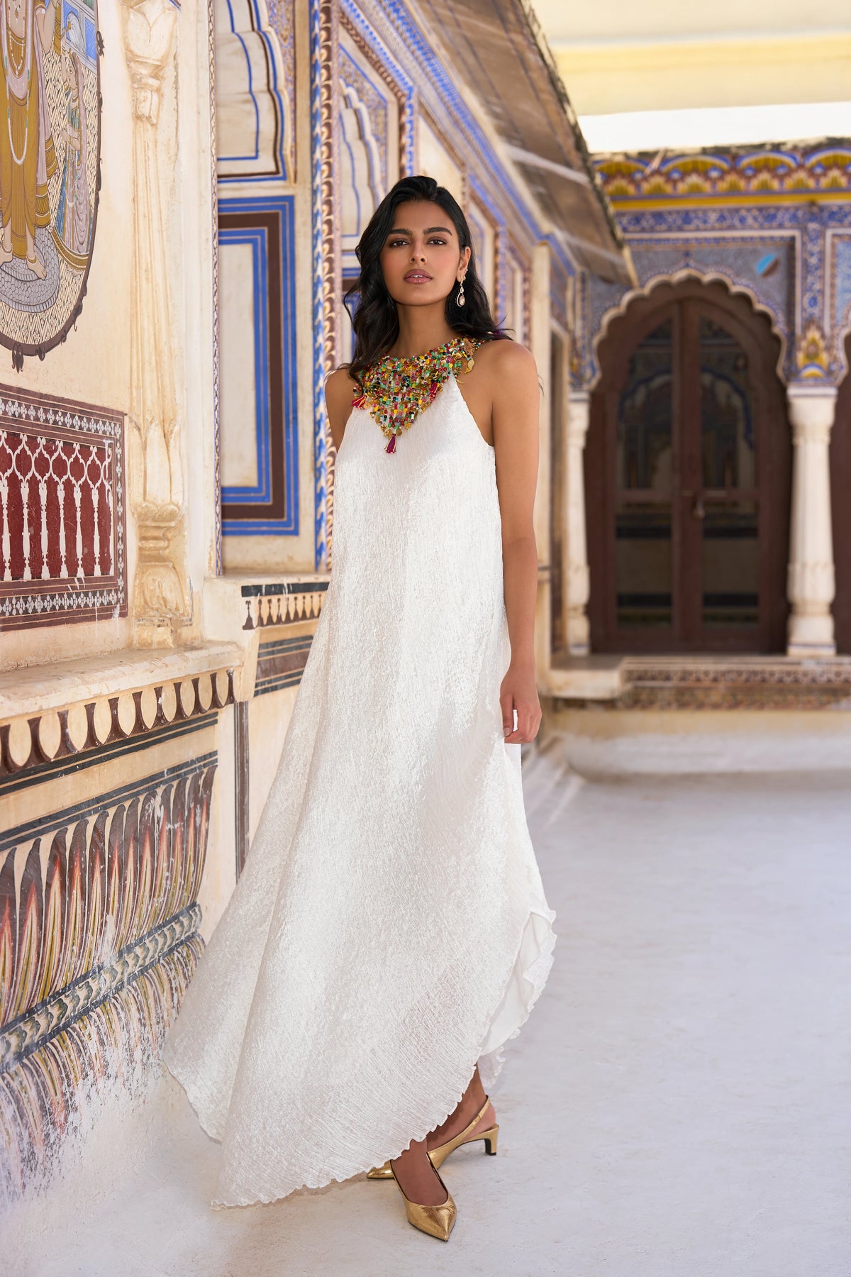GEMSTONE CHOKER ASYMMETRIC CRUSHED DRESS