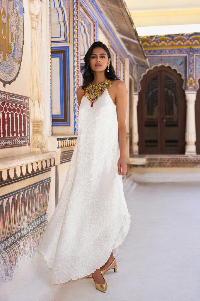 GEMSTONE CHOKER ASYMMETRIC CRUSHED DRESS dash and dot