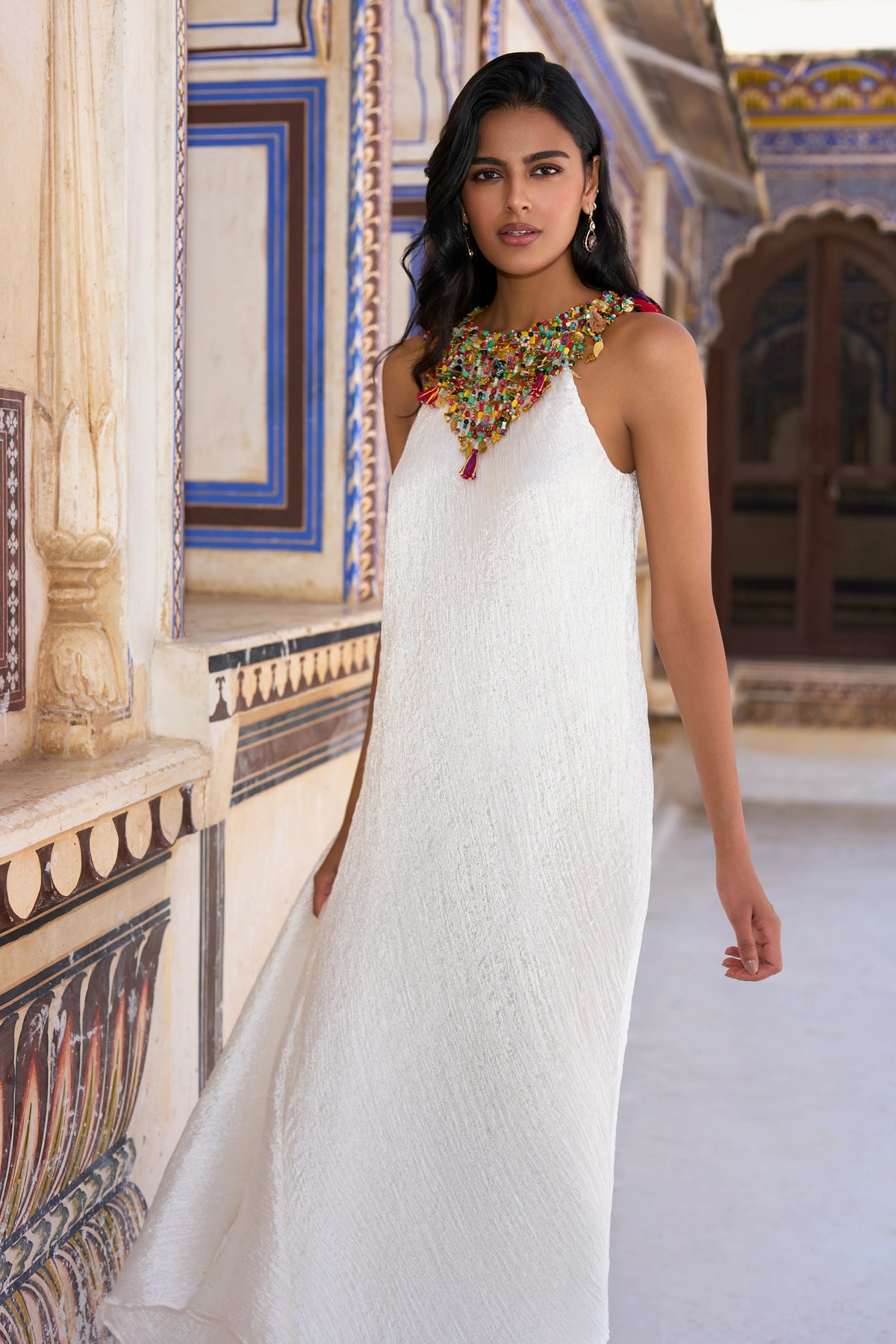 GEMSTONE CHOKER ASYMMETRIC CRUSHED DRESS