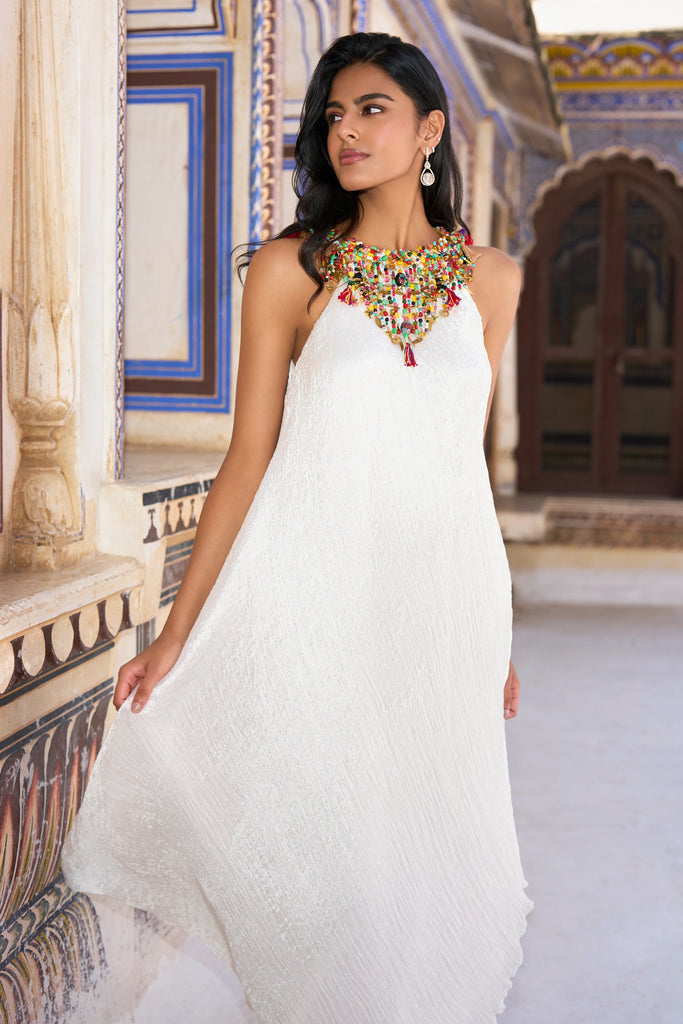 GEMSTONE CHOKER ASYMMETRIC CRUSHED DRESS dash and dot