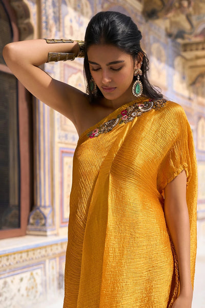 EMBROIDERED ONE-SHOULDER KAFTAN DRESS