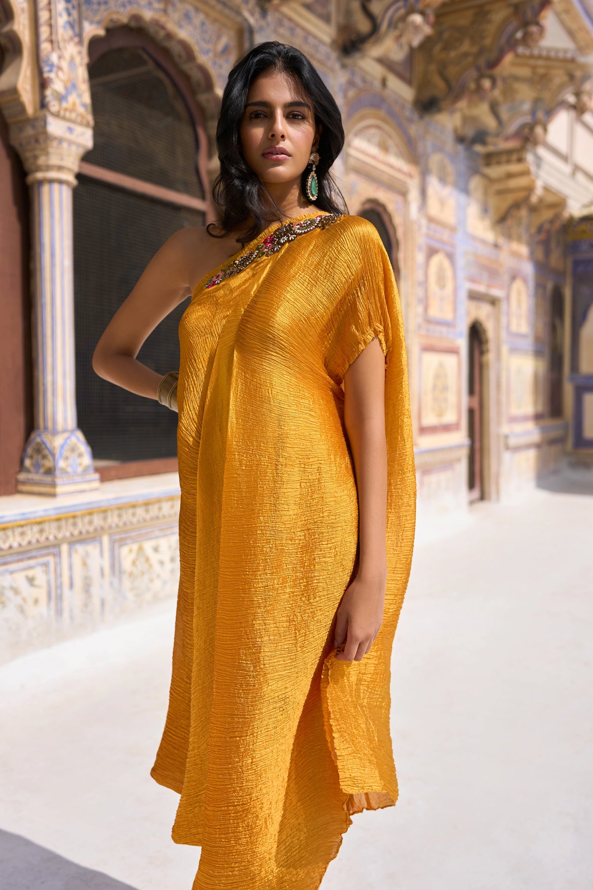 EMBELLISHED DRAPED KAFTAN DRESS