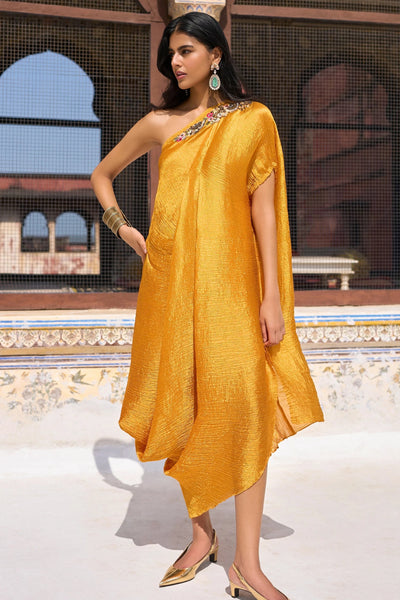 EMBROIDERED ONE-SHOULDER KAFTAN DRESS