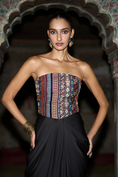 ORNAMENTAL STRIPE MULTICOLOUR CORSET TOP & BLACK DRAPED PANT