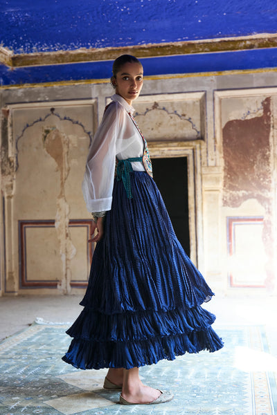 WHITE ORGANZA SHIRT WITH EMBROIDERED BIB & CASCADING TIERED CRUSHED MAXI SKIRT