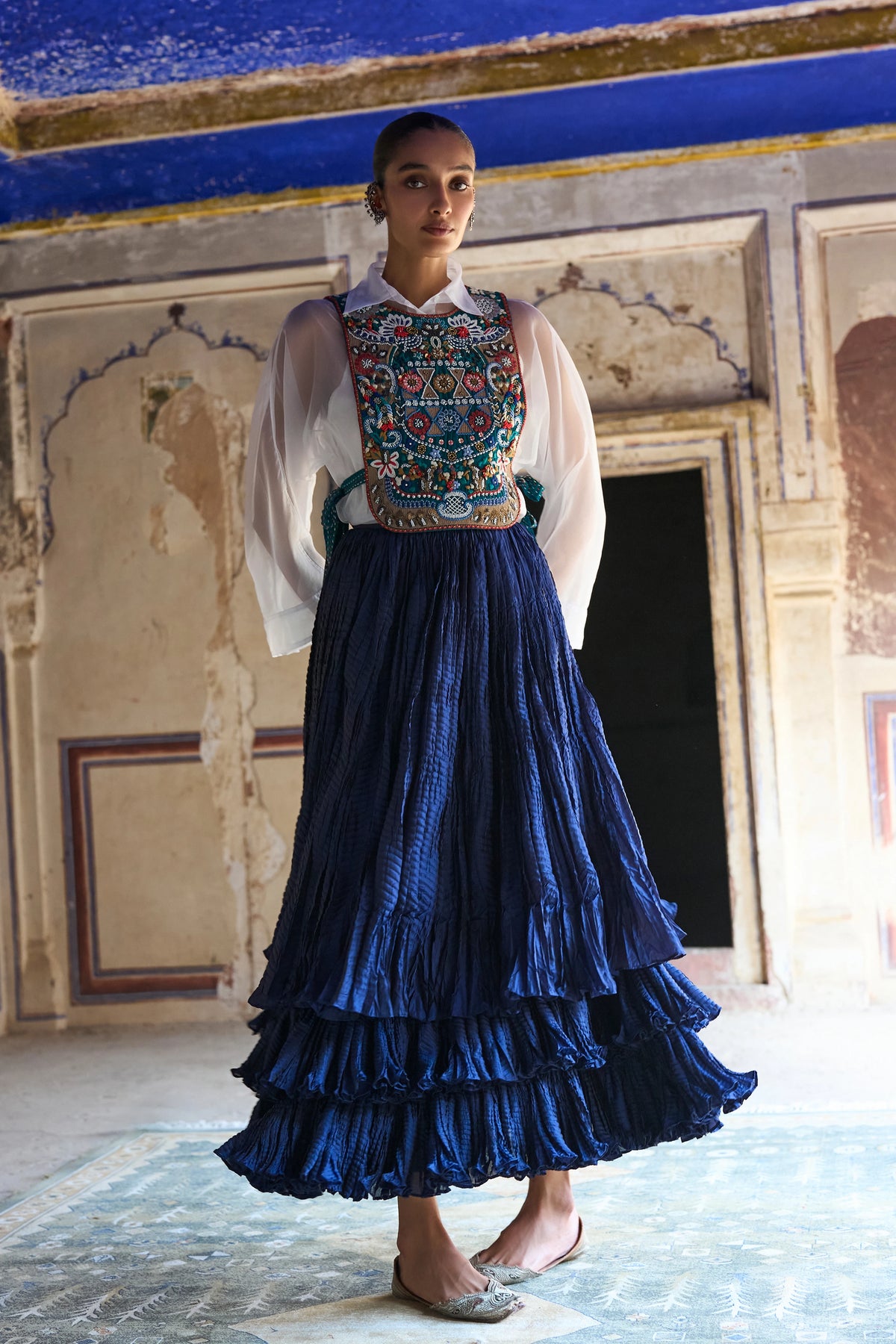 CASCADING TIERED CRUSHED MAXI SKIRT