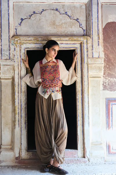 BENARES TISSUE STRUCTURED SHIRT WITH EMBROIDERED BIB & COWL DRAPE PANT