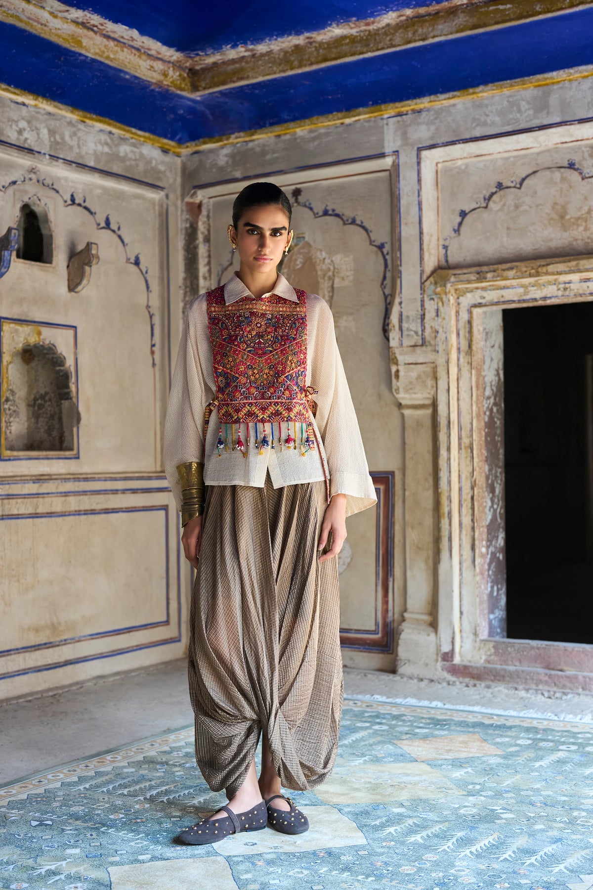 BENARES TISSUE STRUCTURED SHIRT WITH EMBROIDERED BIB & COWL DRAPE PANT