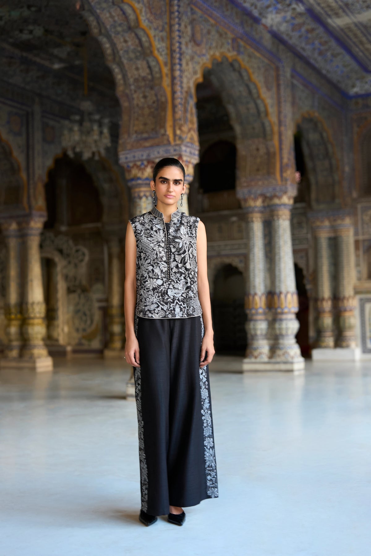 METALLIC THREAD EMBROIDERED WAISTCOAT & STRAIGHT-CUT PANT SET