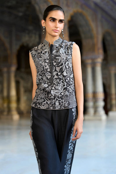 METALLIC THREAD EMBROIDERED WAISTCOAT & STRAIGHT-CUT PANT SET