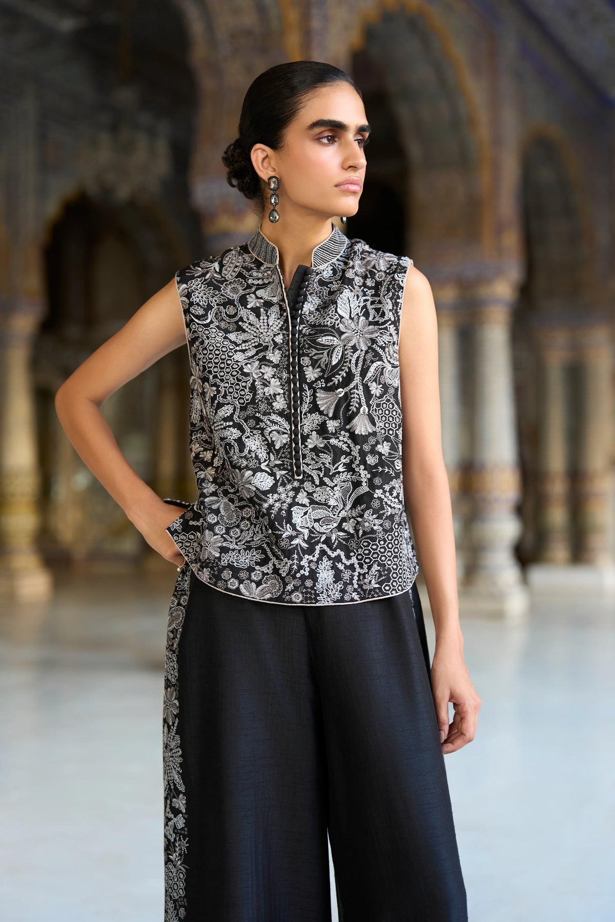 METALLIC THREAD EMBROIDERED WAISTCOAT & STRAIGHT-CUT PANT SET