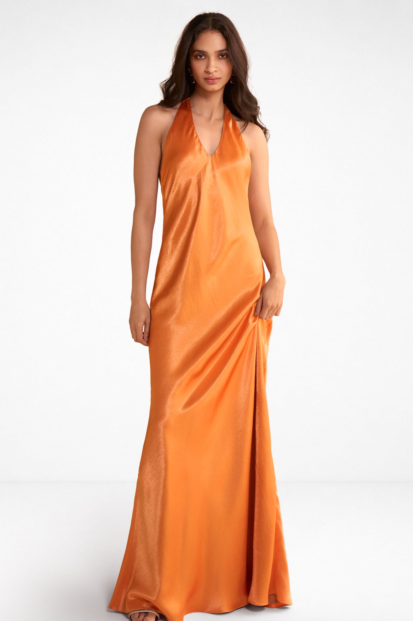 BACK KNOT HALTER SATIN MAXI