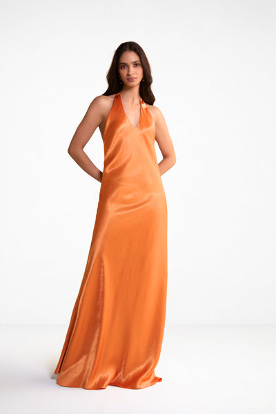 BACK KNOT HALTER SATIN MAXI