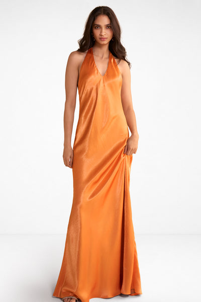 BACK KNOT HALTER SATIN MAXI