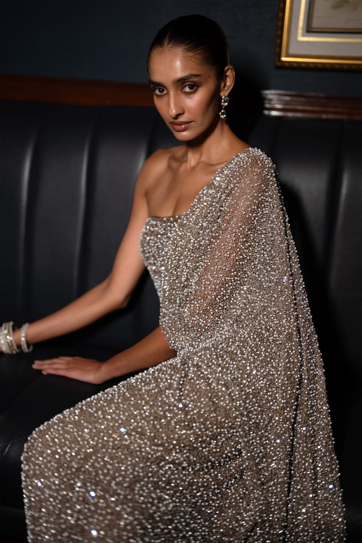 SEQUIN-PEARL SARI DRAPE GOWN