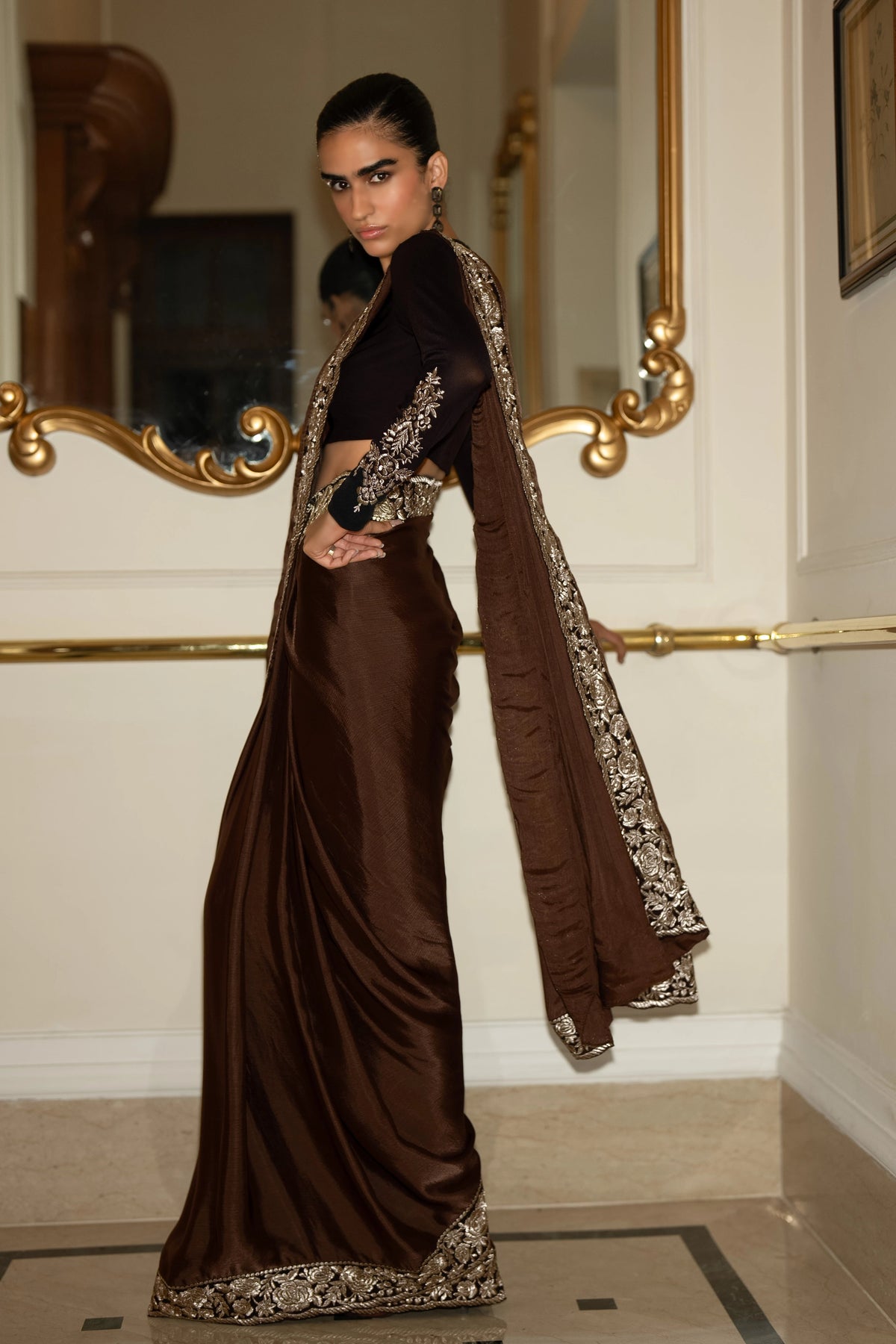 CUFF EMBROIDERED BLOUSE & GARA STITCH SARI DRAPE SKIRT