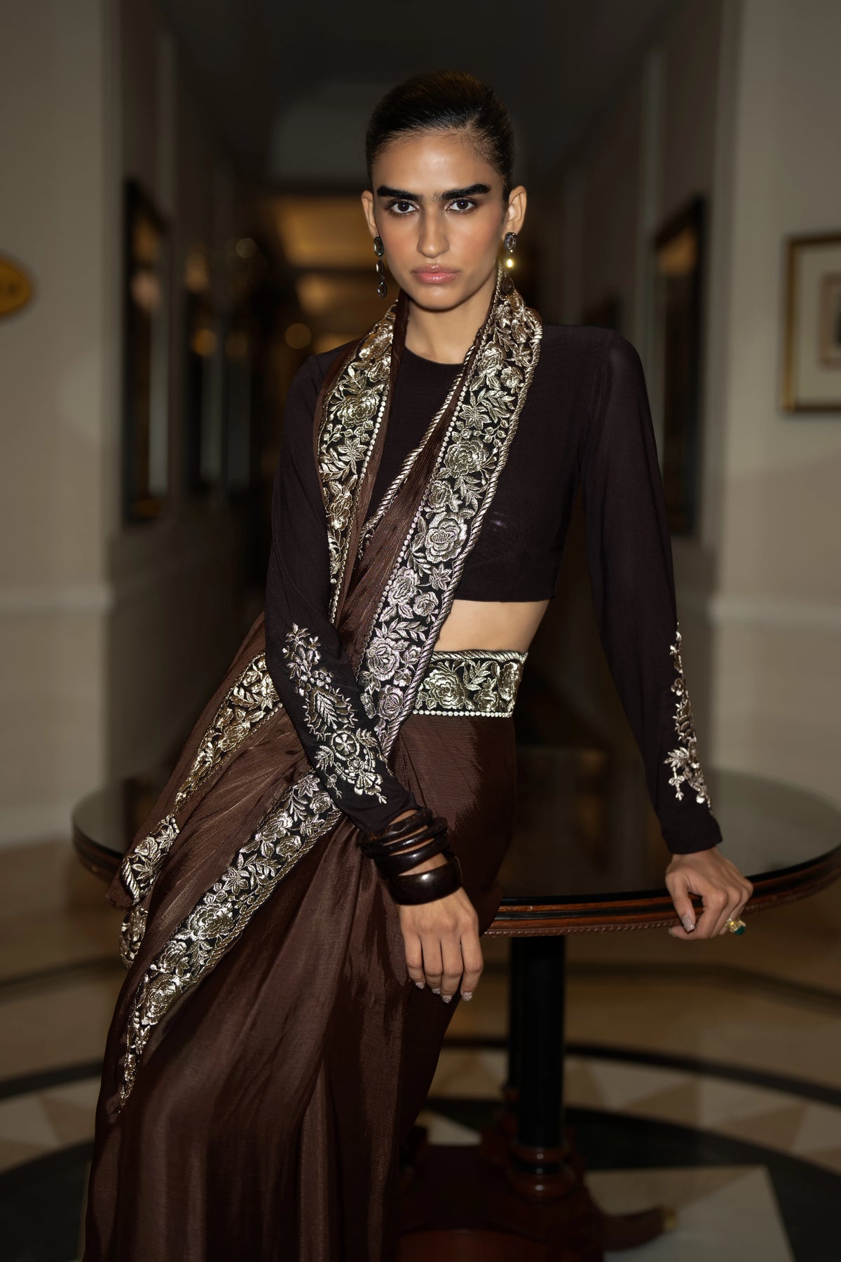 CUFF EMBROIDERED BLOUSE & GARA STITCH SARI DRAPE SKIRT