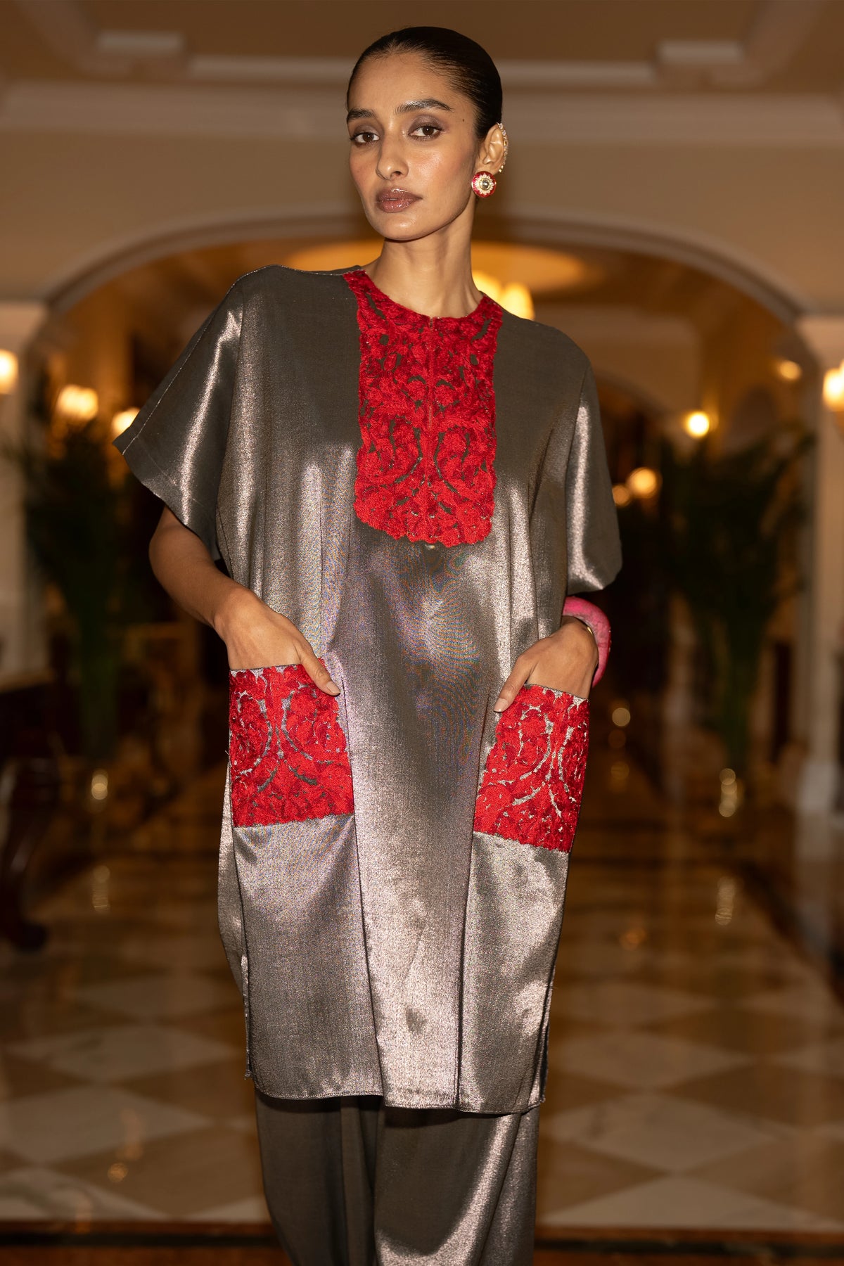 EMBROIDERED BENARES TISSUE BOXY TOP & PANT SET