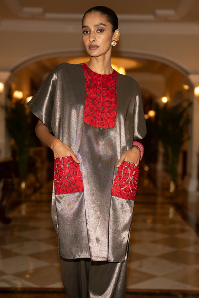 EMBROIDERED BENARES TISSUE BOXY TOP & PANT SET