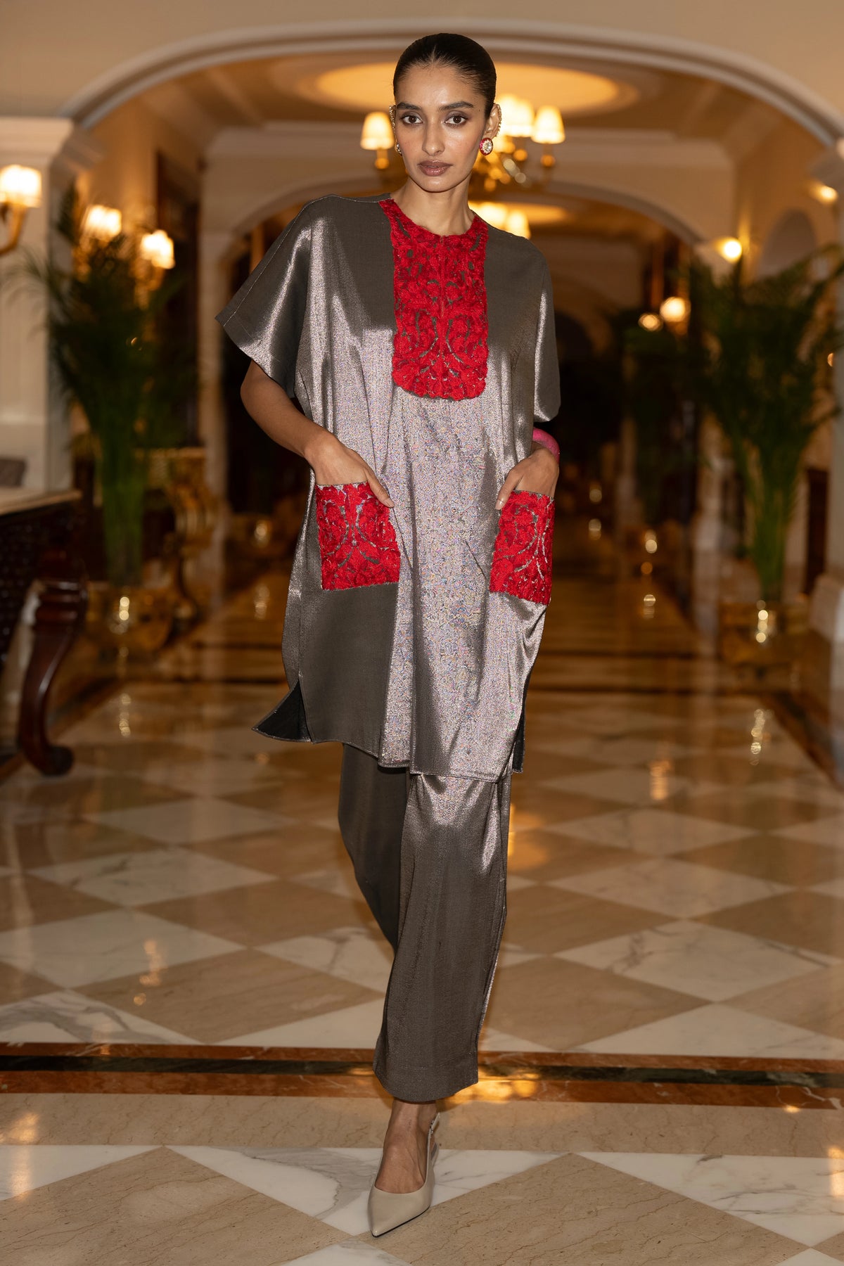 EMBROIDERED BENARES TISSUE BOXY TOP & PANT SET