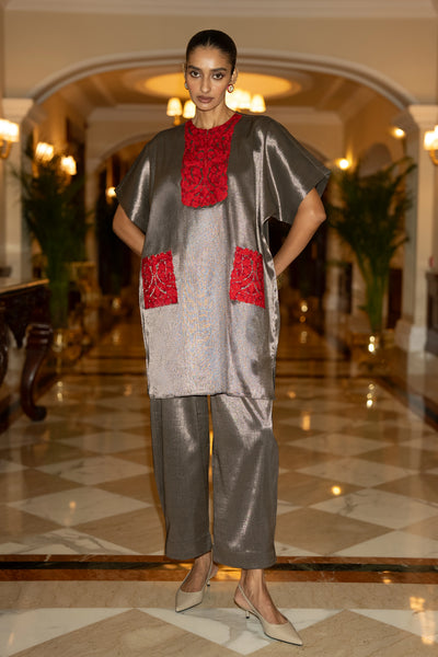 EMBROIDERED BENARES TISSUE BOXY TOP & PANT SET