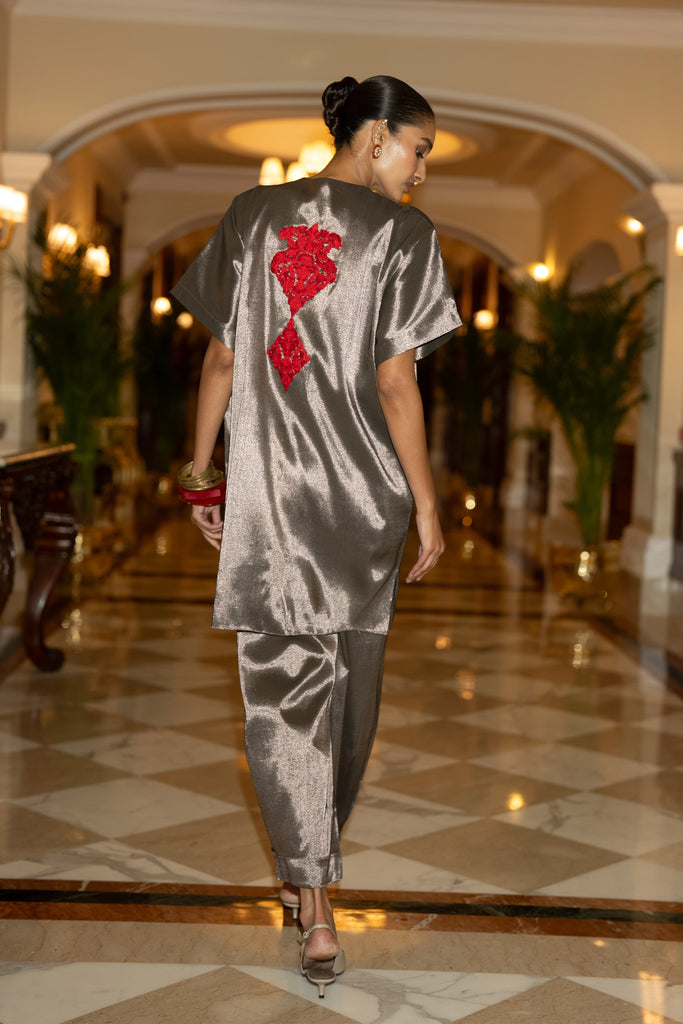 EMBROIDERED BENARES TISSUE BOXY TOP & PANT SET dash and dot