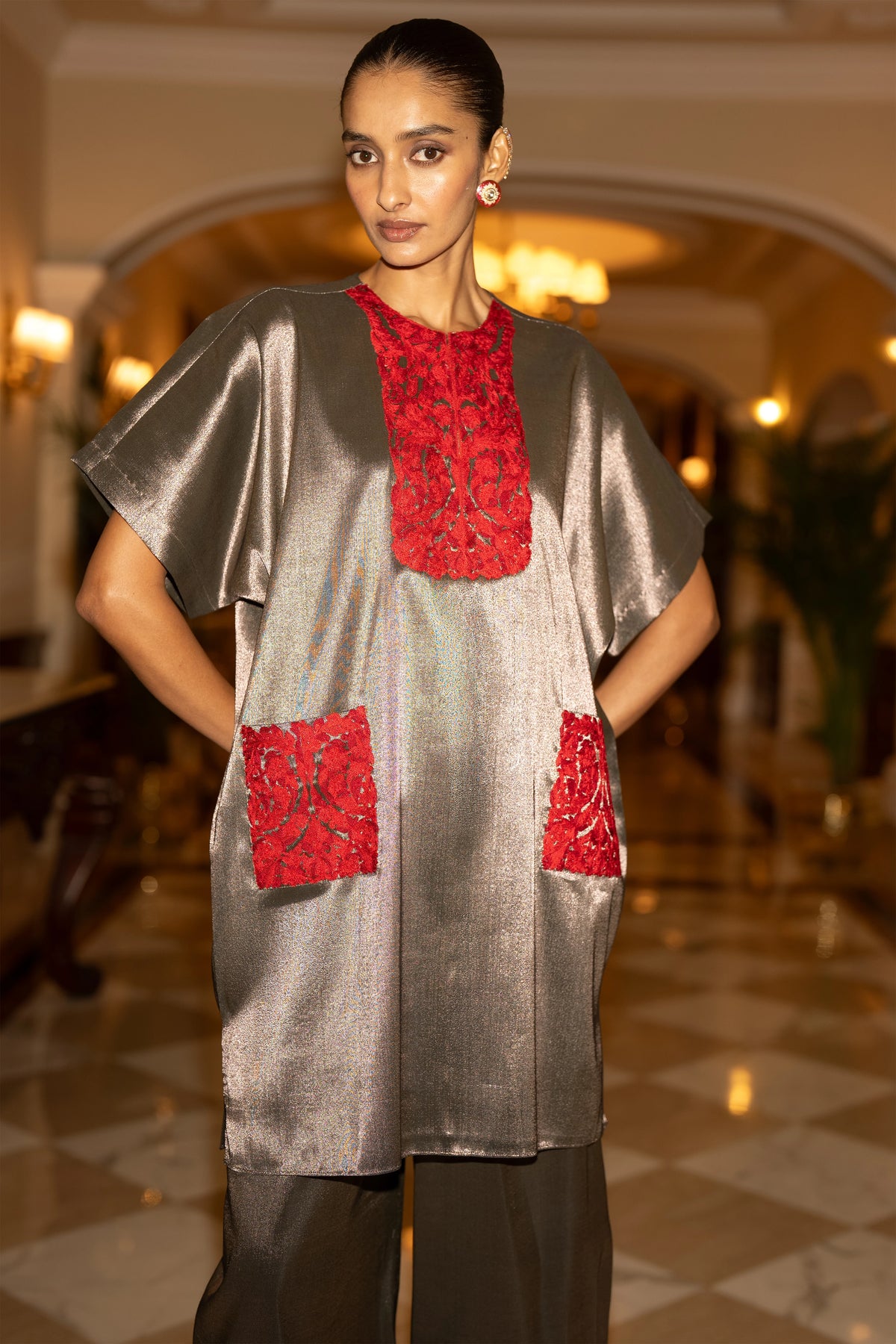 EMBROIDERED BENARES TISSUE BOXY TOP & PANT SET
