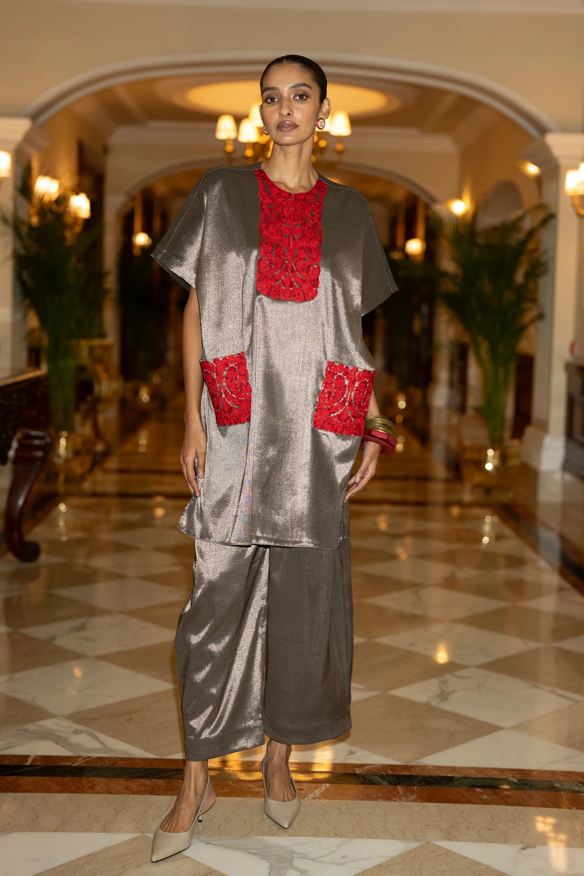 EMBROIDERED BENARES TISSUE BOXY TOP