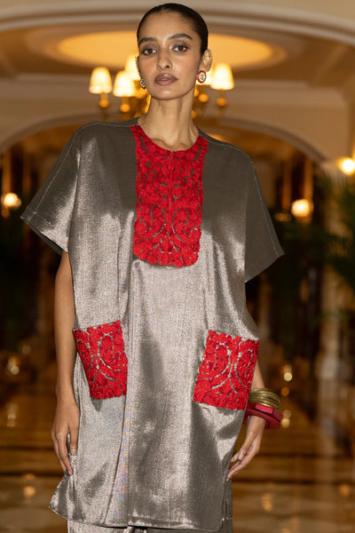 EMBROIDERED BENARES TISSUE BOXY TOP