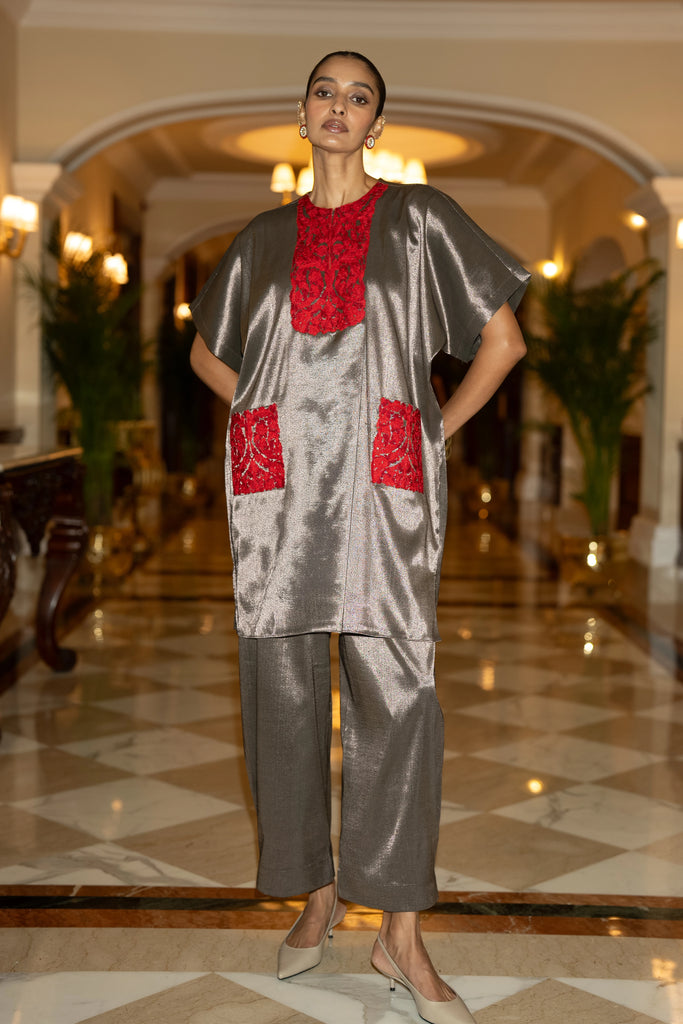 EMBROIDERED BENARES TISSUE BOXY TOP dash and dot