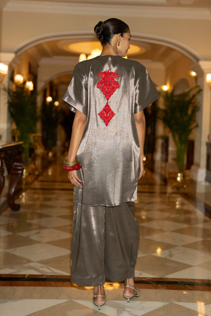EMBROIDERED BENARES TISSUE BOXY TOP dash and dot