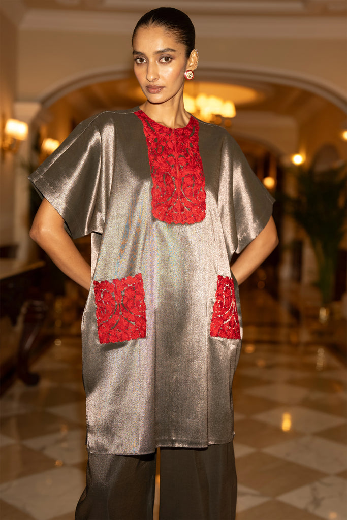 EMBROIDERED BENARES TISSUE BOXY TOP dash and dot