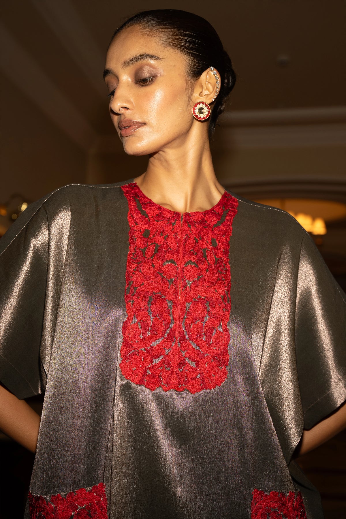 EMBROIDERED BENARES TISSUE BOXY TOP