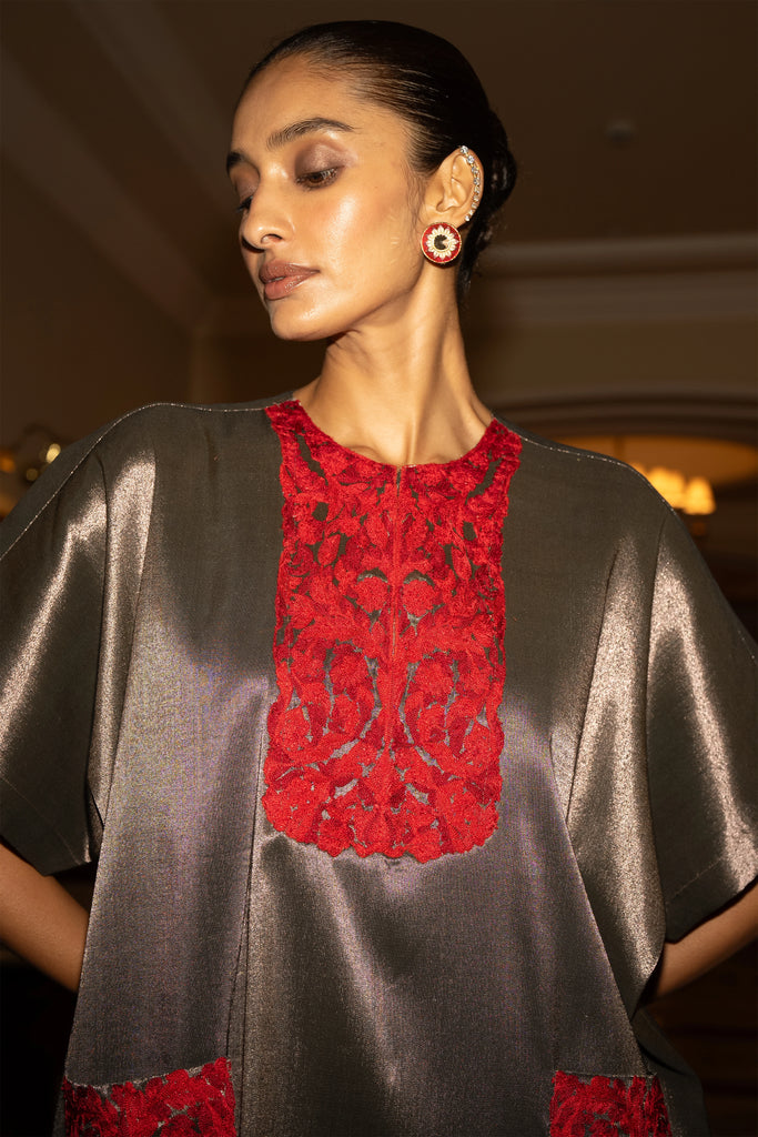EMBROIDERED BENARES TISSUE BOXY TOP dash and dot