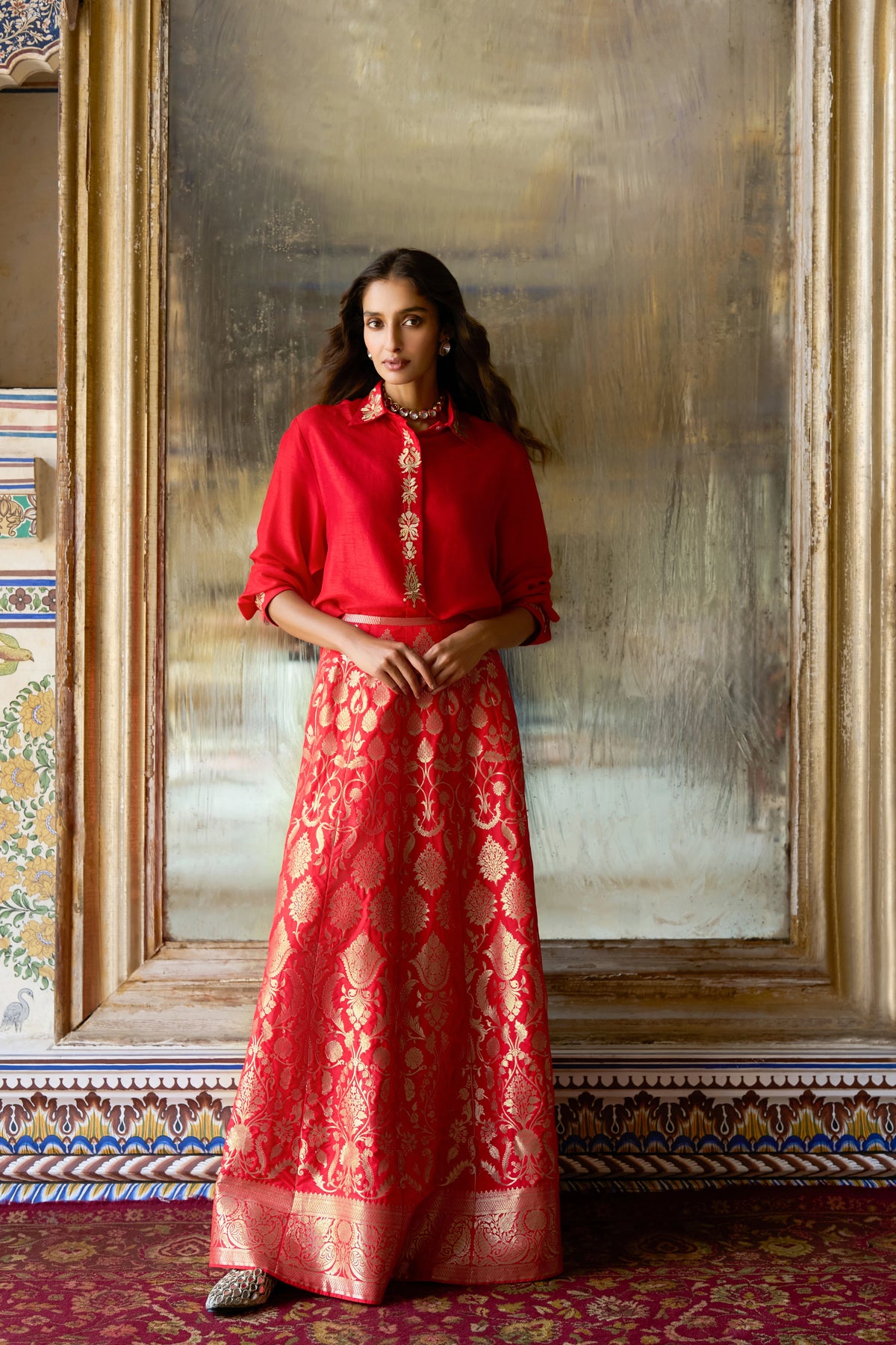 Embroidered Motif Textured Shirt & Benares Brocade Flared Maxi Skirt