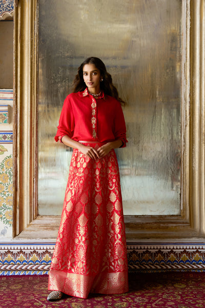 Embroidered Motif Textured Shirt & Benares Brocade Flared Maxi Skirt
