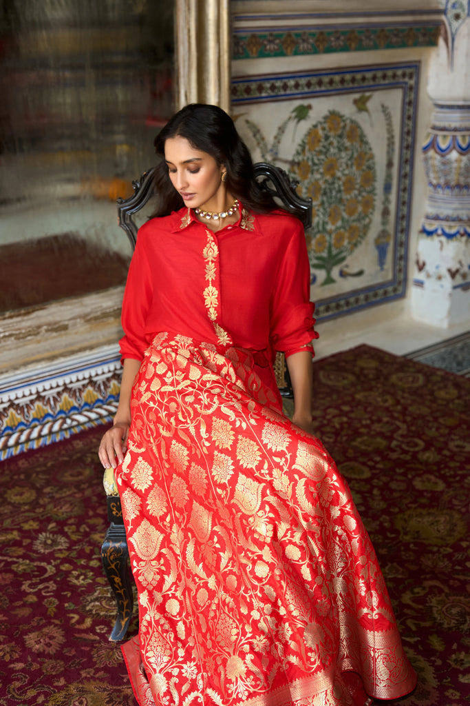 Benares Brocade Flared Maxi Skirt dash and dot