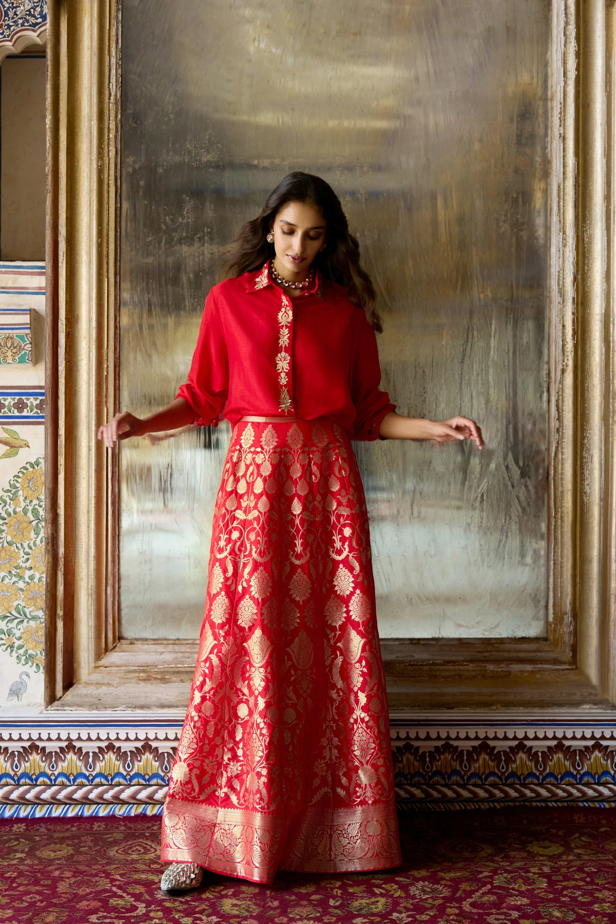 Benares Brocade Flared Maxi Skirt
