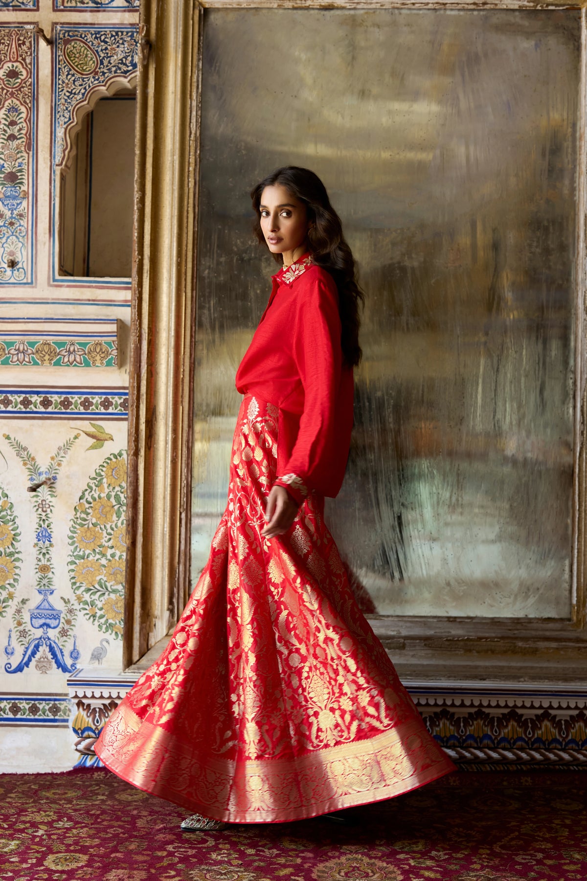 Benares Brocade Flared Maxi Skirt