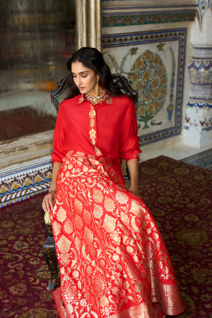 Benares Brocade Flared Maxi Skirt dash and dot