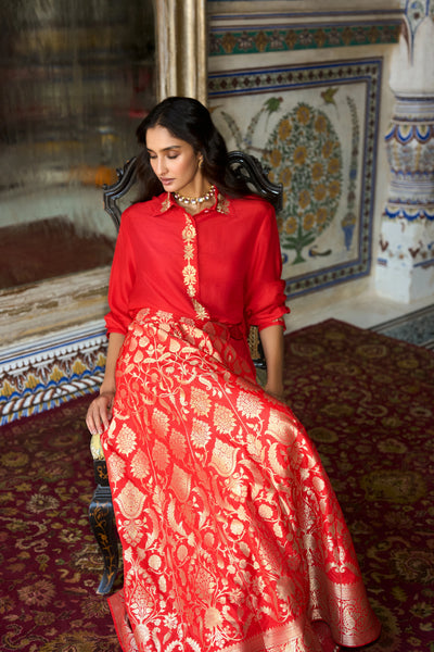 Benares Brocade Flared Maxi Skirt