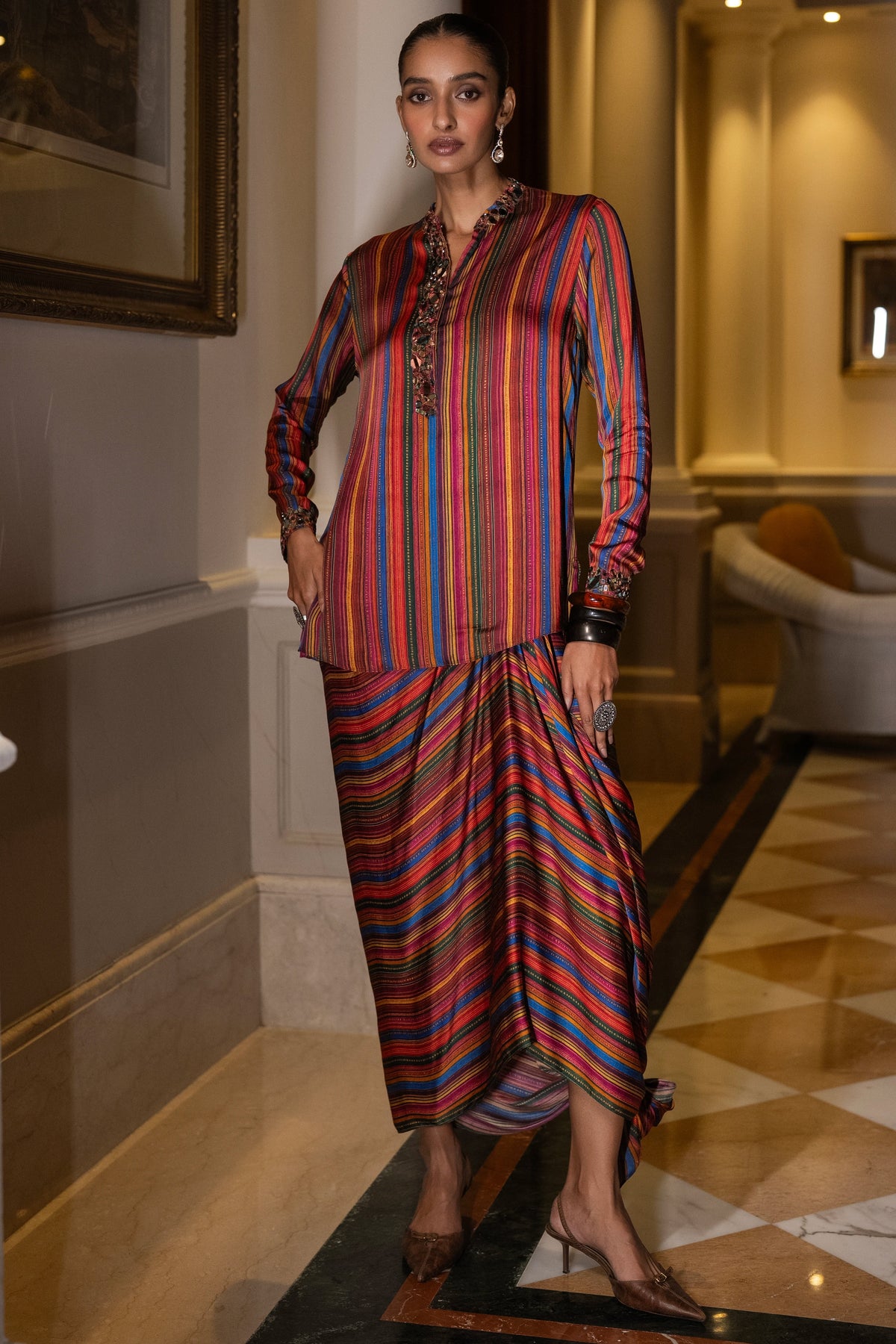 MIRROR EMBROIDERED MULTICOLOUR SHIRT & DRAPE SKIRT SET