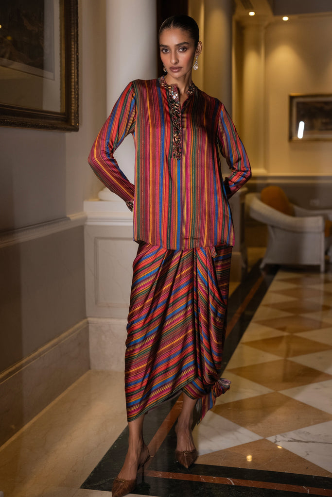 MIRROR EMBROIDERED MULTICOLOUR SHIRT & DRAPE SKIRT SET dash and dot