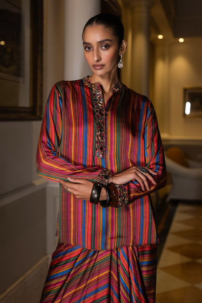 MIRROR EMBROIDERED MULTICOLOUR SHIRT & DRAPE SKIRT SET