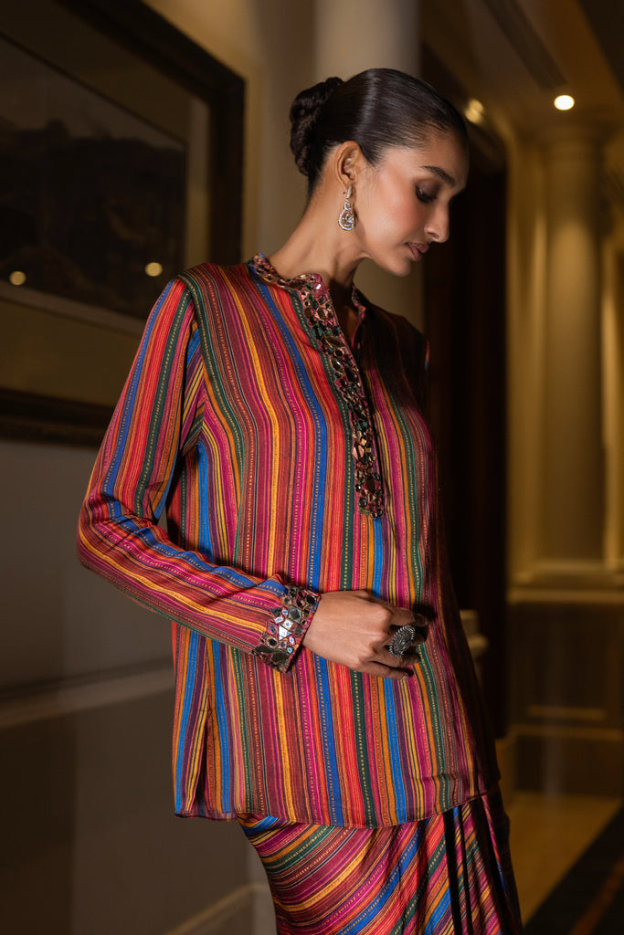 MIRROR EMBROIDERED MULTICOLOUR SHIRT & DRAPE SKIRT SET dash and dot