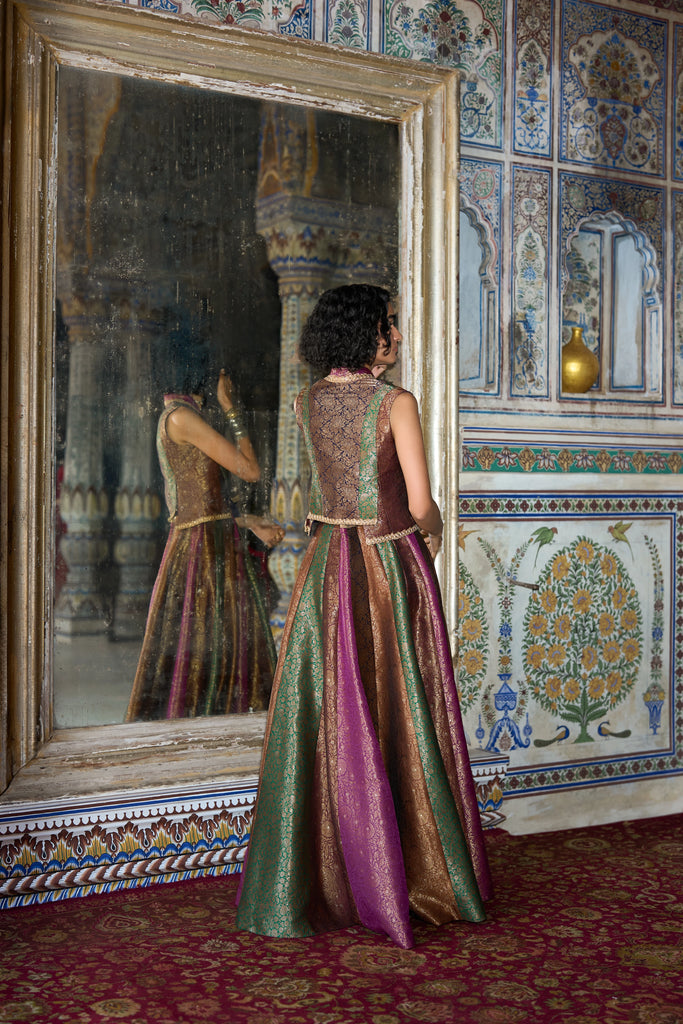 Embroidered Benares Brocade Waistcoat & Skirt Set dash and dot