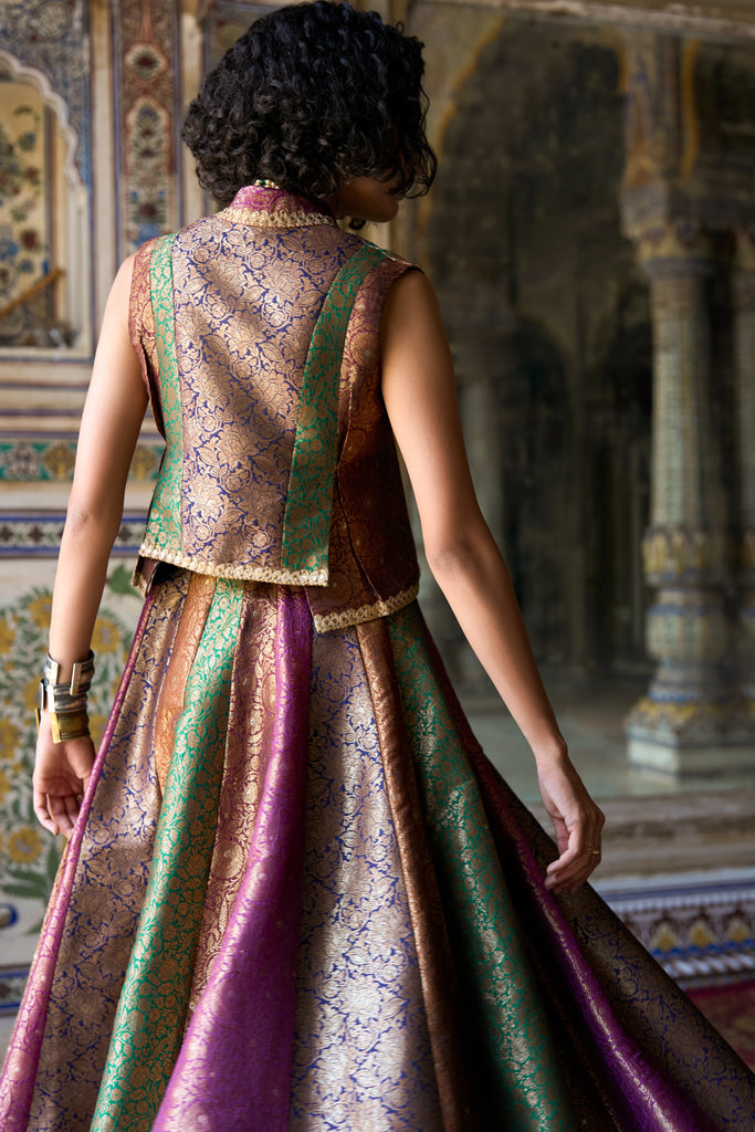 Embroidered Benares Brocade Waistcoat & Skirt Set dash and dot