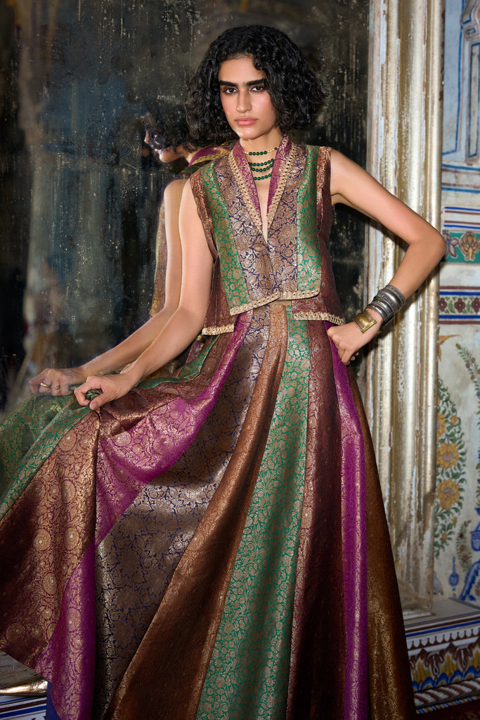 Benares Brocade Flared Skirt dash and dot