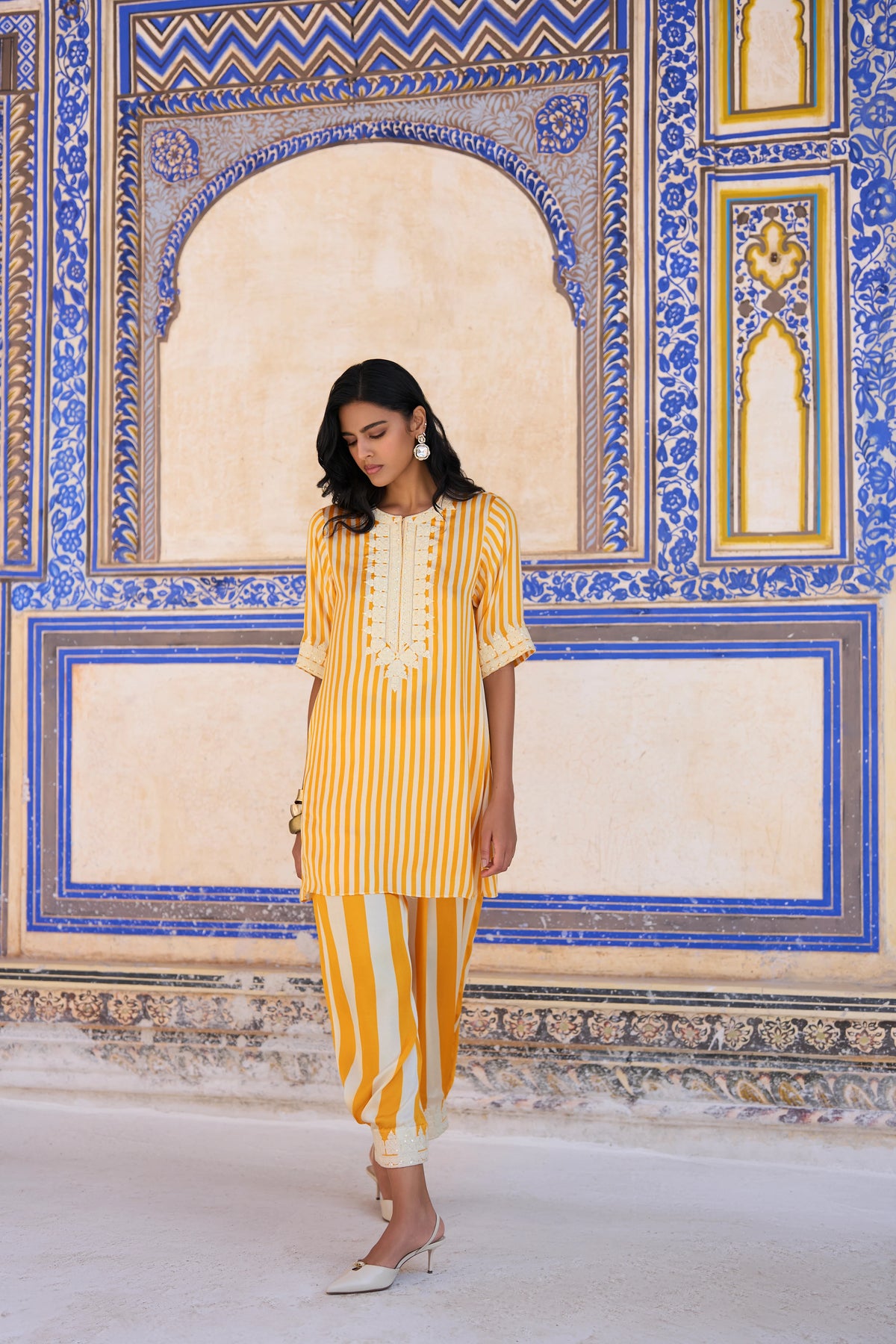 Embroidered Striped Longline Top & Striped Pant Set