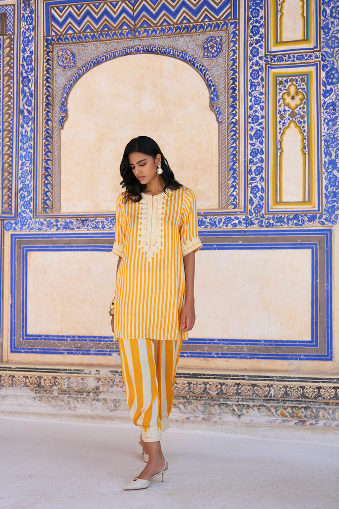 Embroidered Striped Longline Top & Striped Pant Set dash and dot